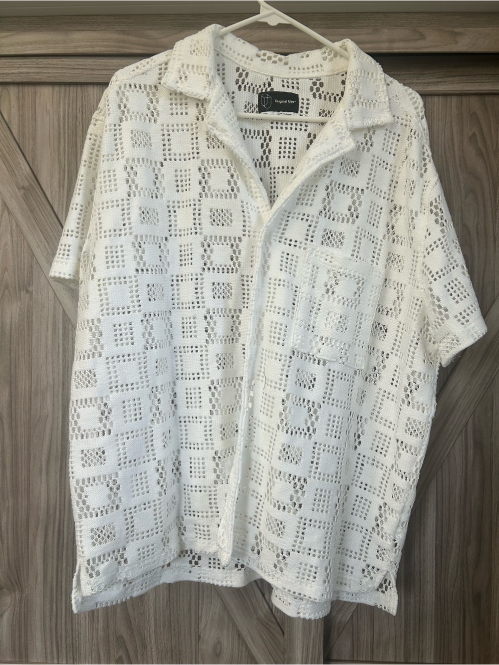 Original Use White Crochet Short Sleeve Button-Down Shirt